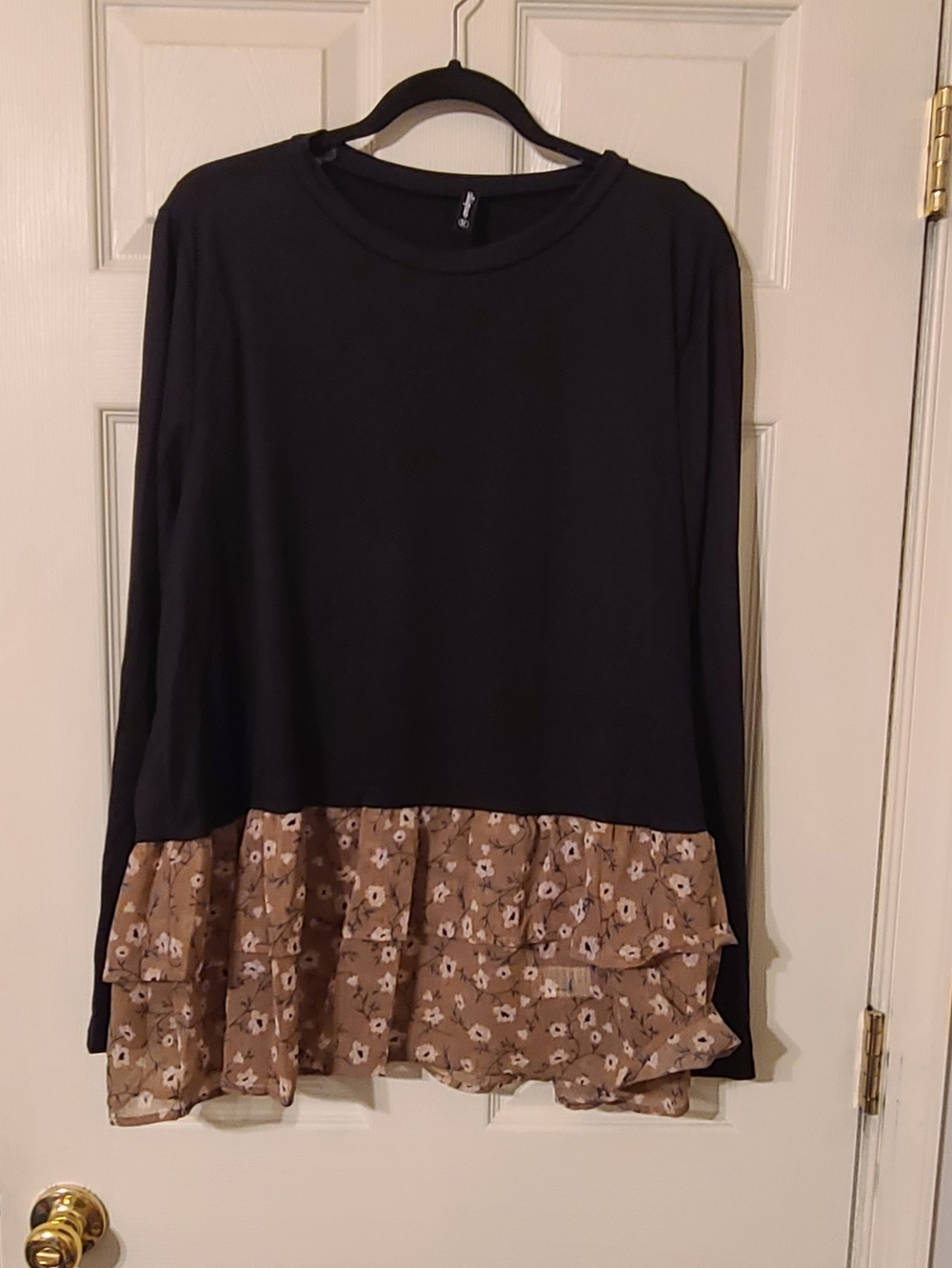 Black Ladies Long-Sleeve Top with Brown Floral Ruffle Hem